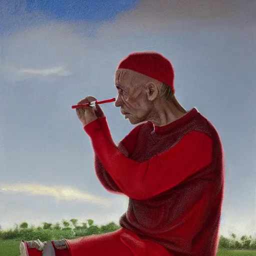 Prompt: a man in cheap and red used sportswear. he is smoking a cigarette. he is sitting on a dead dog. he is on the side of the road. he is wearing slippers. it is a rural scene, in poor village, dramatic lighting, hyper detailed, surreal, hyperrealism, oil painting