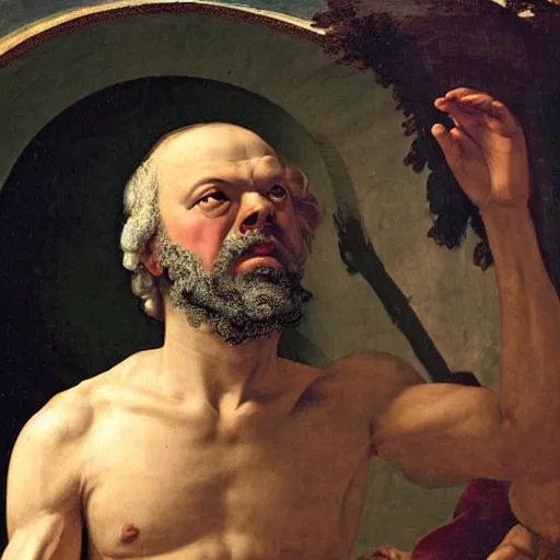 Prompt: socrates wearing a virtual reality headset looking up towards the stars, renaissance painting