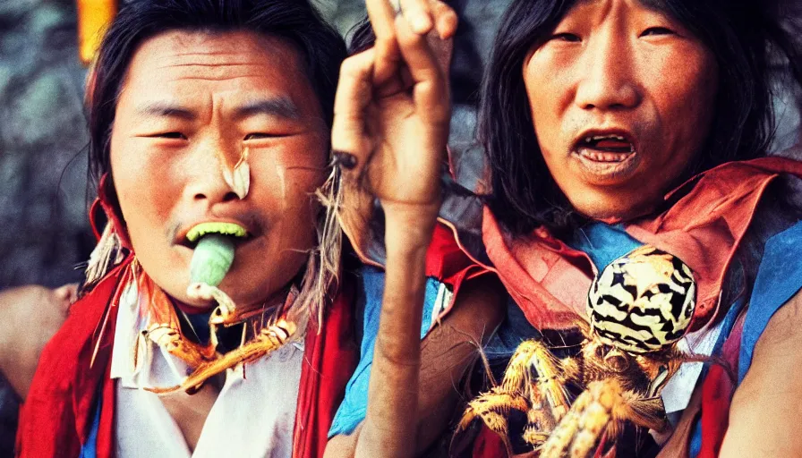 Prompt: 7 0 s movie still of a tibetan man with a giant spider in the mouth, cinestill 8 0 0 t 3 5 mm eastmancolor, heavy grain, high quality, high detail