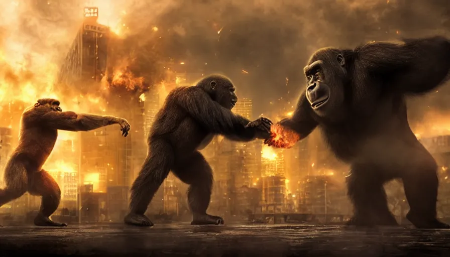 Image similar to epic concept art of hard fighting of two huge raging gorilla in burning tokyo city, cinematic composition, golden lighting, strong perspective