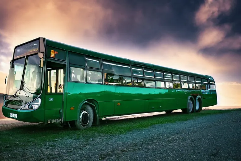 Prompt: A stunning landscape image of Hegra, bus ,dramatic lighting, emerald sky,
