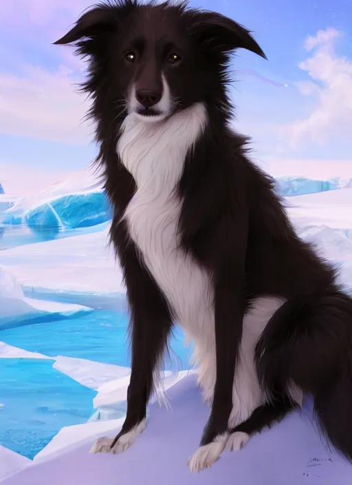 Prompt: beautiful wide angle full body portrait of a cute male anthropomorphic anthro border collie fursona wearing a swimsuit in antarctica, character design by charlie bowater, henry asencio, and ross tran, scenic background, detailed, glamor pose, aesthetic, furry, trending on artstation, furaffinity, deviantart