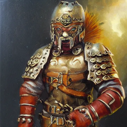 Image similar to a russian warrior who is wearing iron gauntlets in the shape of bear claws in the style of warhammer fantasy : : head and shoulders oil painting