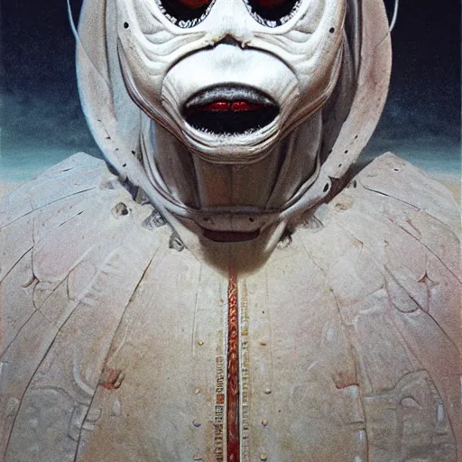 Image similar to Alien King in white imperial clothing, mantle, gold mask by Giger and Beksinski