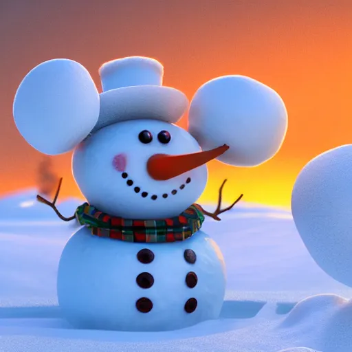 Prompt: a highly detailed snowman with a smile, artstation, DeviantArt, professional, octane render, sunset lighting