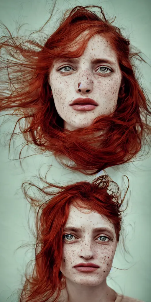 Image similar to dream symmetrical portrait of a woman , close-up, high sharpness, zeiss lens, fashion photo shoot, flowers, red hair, freckles, Annie Leibovitz and Steve McCurry, David Lazar, Jimmy Nelsson, artistic, hyper-realistic, beautiful face, octane rendering