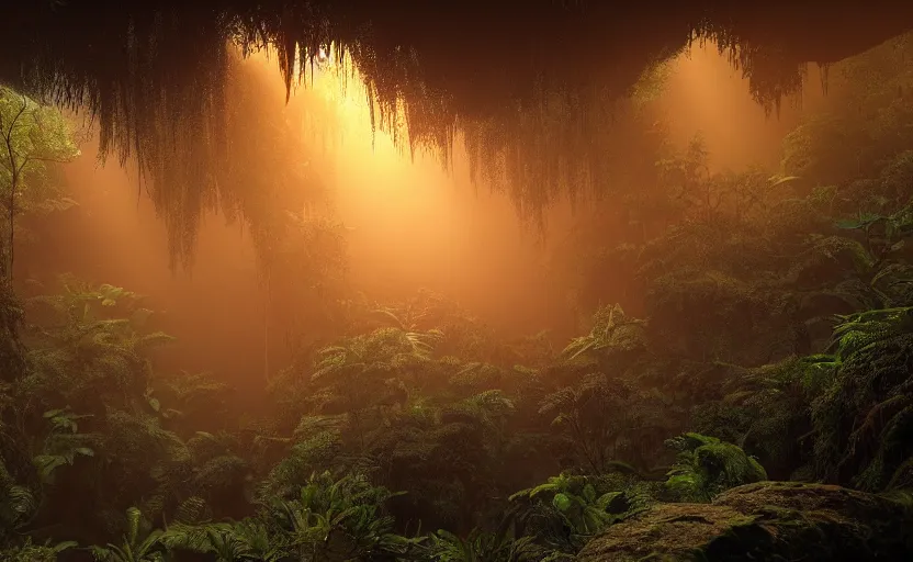 Prompt: a beautiful render of a dark prehistoric rainforest in a humongous cave, lush flora, patches of yellowish - red - magenta sky, sunset lighting, military!! industrial!! facility!!, intricate detail, hazy, humid, volumetric lighting, god rays, 8 k, photorealistic, raytracing effects, unreal engine 5