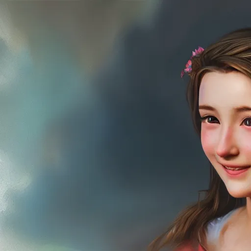 Image similar to portrait of aerith gainsborough smiling, matte painting, ultra realistic, highly detailed, sharp focus, cinematic lighting, mood lighting, realistic, vivid colors, painting, photorealistic, digital art, non blurry, sharp, smooth, illustration