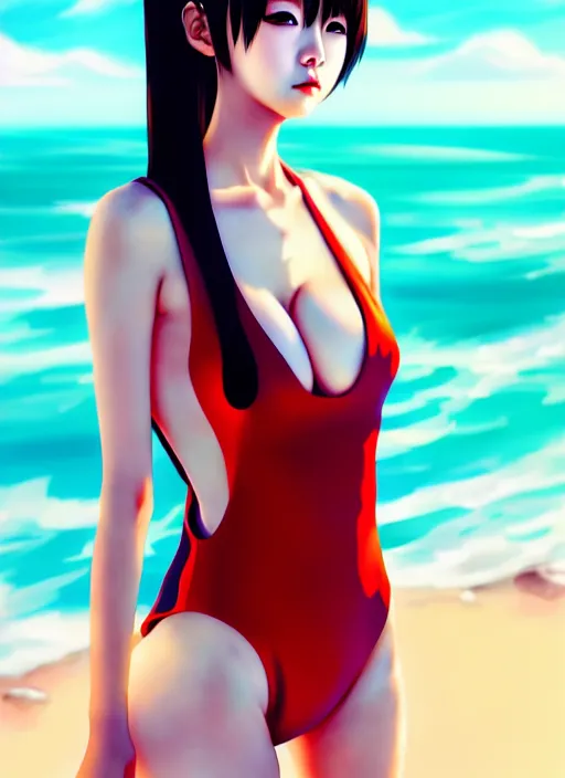 Image similar to ulzzang korean girl wearing one - piece swimsuit portrait, beach background, full body shot, ilya kuvshinov, anime, pixiv top monthly, trending on artstation, cinematic, danbooru, zerochan art, kyoto animation