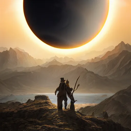 Image similar to a highly detailed matte painting of a double solar eclipse, art by artgerm and greg rutkowski and alphonse mucha, volumetric lighting, octane render, 4 k resolution, trending on artstation, masterpiece