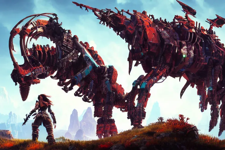 Image similar to grimhorn fanghorn machine mecanical creature robot of horizon forbidden west horizon zero dawn bioluminiscence global illumination ray tracing hdr fanart arstation by ian pesty and alena aenami artworks in 4 k