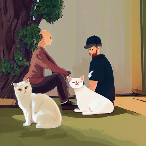 Prompt: a man and a woman sitting down with their white cat, the boy is bald with a brown baseball hat, the girl has short curly black hair, art by Alena Aenami