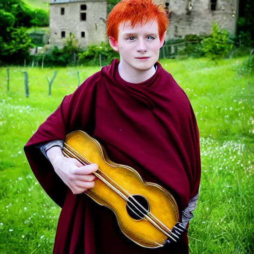 Image similar to handsome man with red hair, mischievous expression, bright green eyes, green cloak, playing a lute, small medieval village in the background, hyperrealism, annie liebovitz photography, nikon 5 0 mm, 8 k