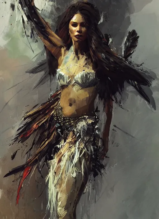 Image similar to painting of a beautiful woman with the face of an eagle, adorned with scant armor, with a feather in her hair, with a strong pose, by Jeremy Mann, stylized, detailed, loose brush strokes, warm tones, vivid colors, realistic