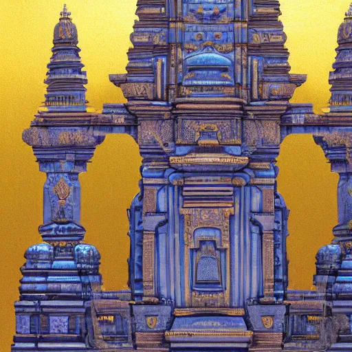 Image similar to architecural painting of a hidden city with a statue in the middle with hindu influences, artstation, detailed in gold and blue hues