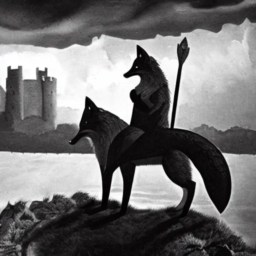 Image similar to anthropomorphic fox!! who is a medieval knight holding a swo - rd towards a stormy thunderclo - ud [ 1 9 3 0 s film still ], ( castle in the background )