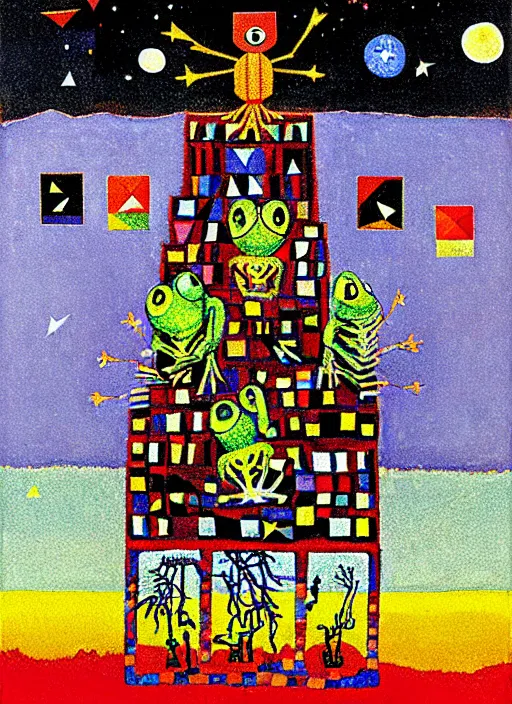 Image similar to pixel decollage painting tarot lovers card composition tower of babel road red armor maggot bear and wonky alien frog skeleton knight on a horse in a dark red cloudy night sky with golden foil jewish stars and diamonds, mountain lake and blossoming field in background, painted by Mark Rothko, Helen Frankenthaler, Danny Fox and Hilma af Klint, pixelated, neo expressionism, semi naive, pastel colors, cinematic, color field painting, cave painting, voxel, pop art look, outsider art, minimalistic. Bill Traylor painting, part by Philip Guston, Amano and Francis Bacon. art by Adrian Ghenie and Storm Thorgerson, very coherent symmetrical artwork, cinematic, hyper realism, high detail, octane render, unreal engine, Smooth gradients, depth of field, full body character drawing, extremely detailed, 8k, extreme detail, intricate detail, masterpiece