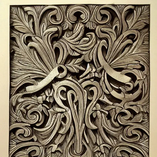 Image similar to a scrollwork engraving by sam alfano and russ abbott, master engraver, acanthus scroll, beautiful