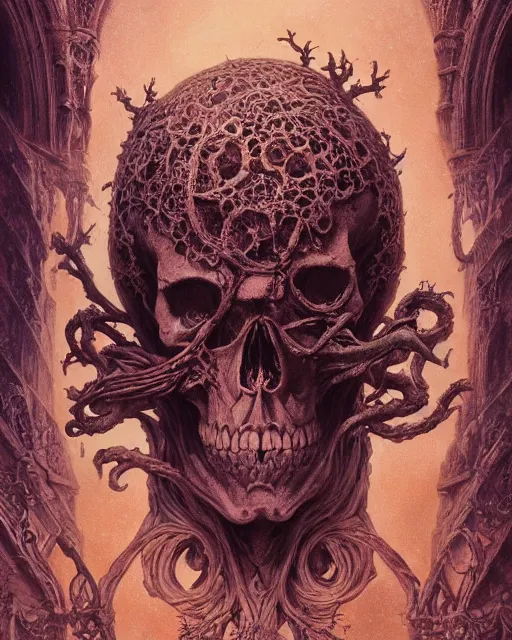 Image similar to a beautiful detailed front view of a dead rotten skull with ornate growing around, ornamentation made of baroque architecture, elegant, beautifully soft lit, by wayne barlowe, peter mohrbacher, kelly mckernan