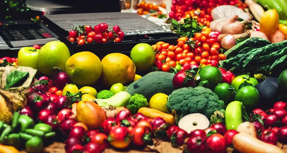 Image similar to film still of fresh fruits and vegetables making beats on fl studio