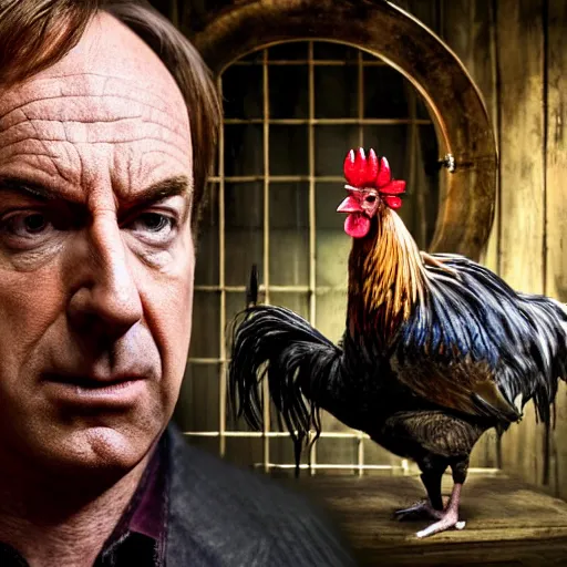 Image similar to saul goodman and a rooster in a medieval torture chamber, saw blades and knives in the background, horror movie, saul goodman, rooster, real life photo, detailed face