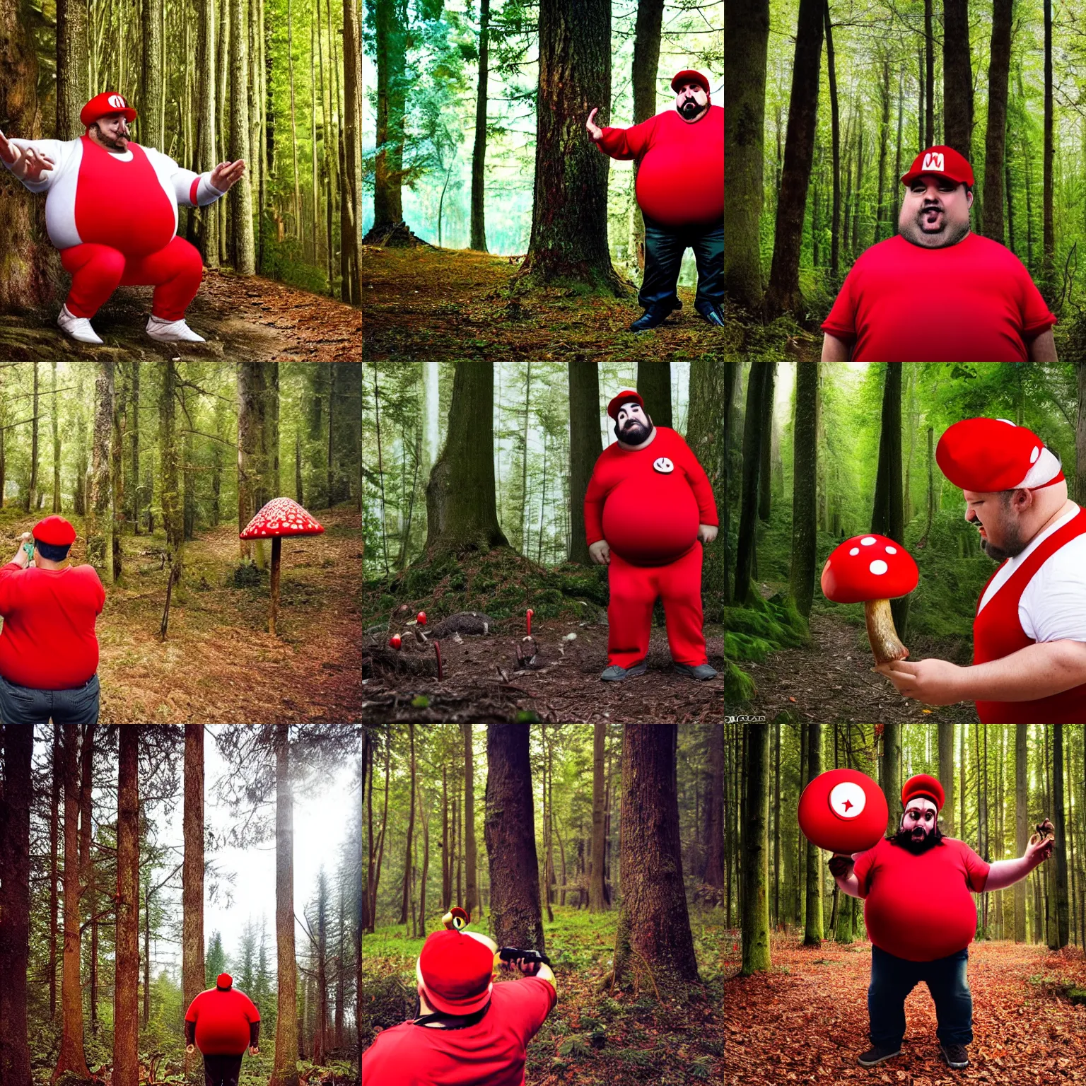 Prompt: a crazy fat italian man wearing red clothes and a red hat eating mushrooms in a forest, hyper realistic photography, outdoors, beauty composition, mario bros, nintendo