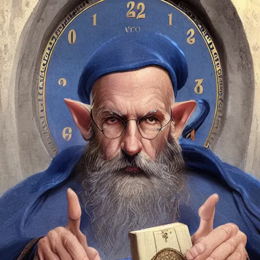 Prompt: A middle aged elf, wrinkled olive skin and a raised hand, long beard, blue robes with clocks on, detailed face, highly detailed, cinematic lighting, digital art painting by greg rutkowski.