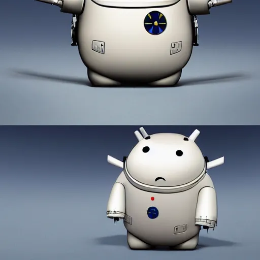 Image similar to a mechanical moomin with big head and horns, space style, metal, 3D art, in style of Baymax, smooth, 8k