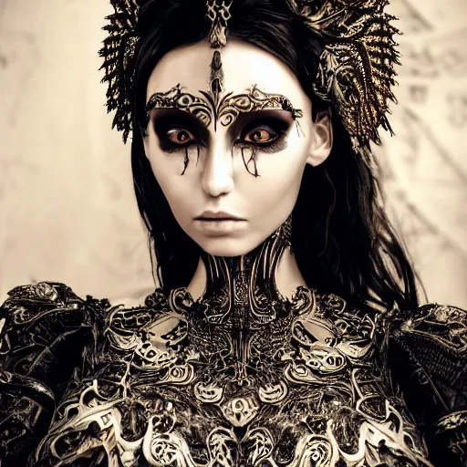 Image similar to a female model by chacarcter creator, photorealistic, biomechanical, intricate details, hyper realistic, ornate headpiece, dark beauty, photorealistic, canon r 3, photography, wide shot, photography, dark beauty ornate headpiece, dark beauty, photorealistic, canon r 3, photography, wide shot, photography, dark beauty, symmetrical features