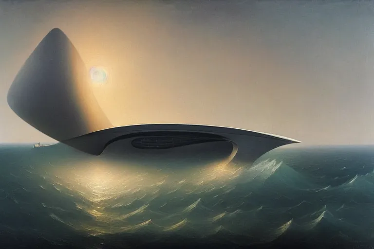 Image similar to minimalist futuristic zaha hadid spaceship painting by ivan aivazovsky