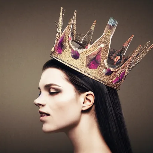 Prompt: woman with a crown of artistic brushes in her hair