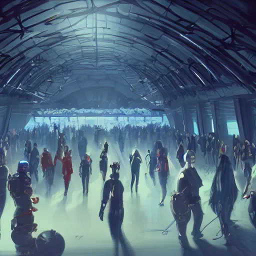 Image similar to hall in cyber space concept, a lot of people siting on tables, large screen, artstation, halloween