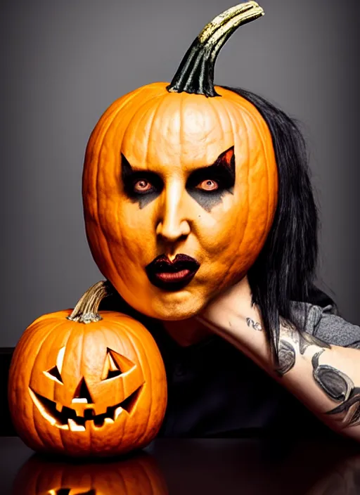 Prompt: marilyn manson carving a pumpkin, photo by oliver valsecchi, realistic, smooth face, perfect eyes, symmetrical, full body shot, wide angle, sharp focus, 8 k high definition, insanely detailed, intricate, elegant, art by artgerm