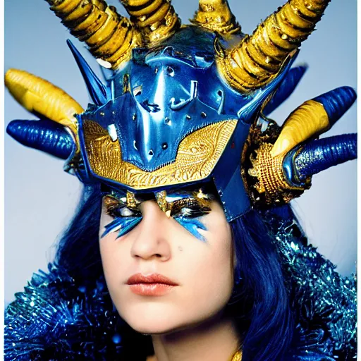 Image similar to close up headshot of a woman in elaborate blue and gold armor with spiked horns on her helmet, cosplay, photoshoot, photograph by Bruce Weber