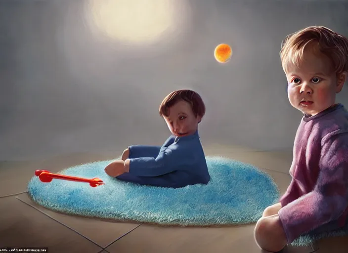 Prompt: toddler elon musk sitting on a shaggy rug playing with his little rockets, bedroom, realistic painting, beautiful soft lighting, istvan sandorfi