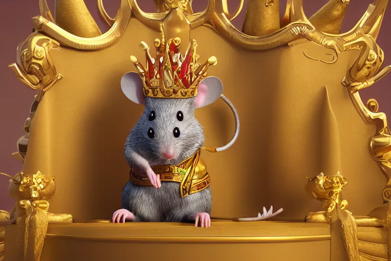 Image similar to 3 d render of a rat character who is a king, wearing golden crown, siiting on the throne highly detailed octane render, artstation, surrealism, pixar