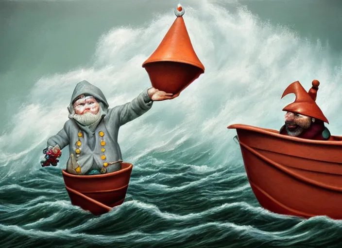 Image similar to a terrified garden gnome sailing in a bucket, background of raging ocean on a stormy with dramatic clouds, an ultrafine detailed painting by mark ryden, trending on deviantart, pop surrealism, whimsical, lowbrow, danger, perfect symmetrical face