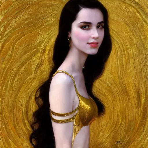 Image similar to portrait of a smiling, beautiful, pale skin eastern european female with long black hair, dark brown eyes, elegant clothing, photorealistic, highly detailed, artstation, smooth, sharp focus, gold ornaments, neon lighting, sci - fi, art by gustav klimt, artgerm, greg rutkowski and alphonse mucha