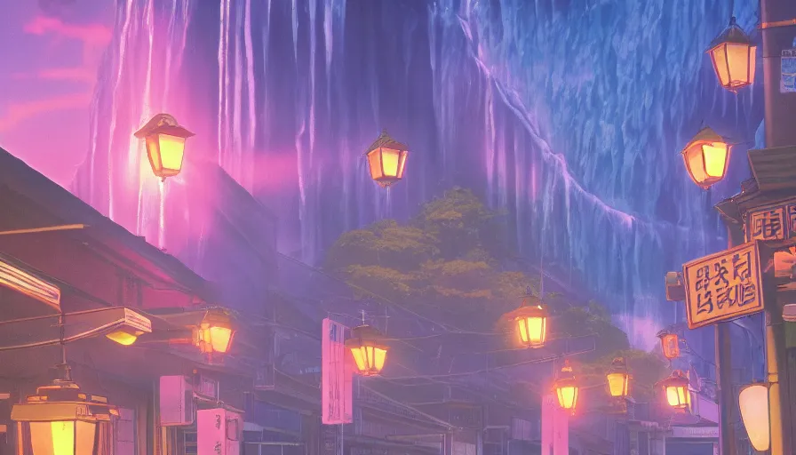 Prompt: A film still from a 1990s Sailor Moon cartoon featuring a moody street in Japan with a waterfall and lanterns, lofi aesthetic, golden hour, cinematic look, film grain, high detail, high resolution, 8k