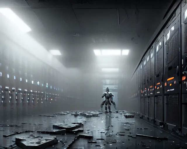 Prompt: gloomy ruined server room in datacenter robot painting concept art of robot knight colossus welder pacing mono eyed, sharp focus, emitting diodes, smoke, artillery, sparks,, computers, racks, motherboard, by pascal blanche rutkowski repin artstation hyperrealism detailed matte painting, 4 k resolution blade runner