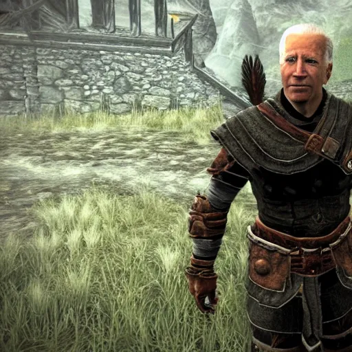 Prompt: video game screenshot of joe biden in skyrim