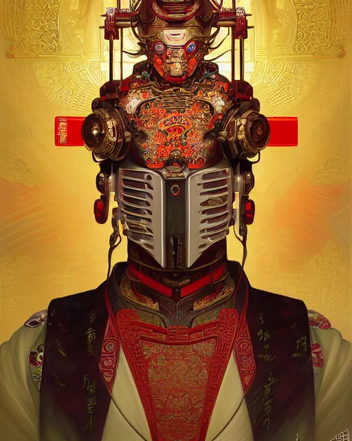 Image similar to portrait of a chinese cyberpunk machine, machine face, upper half portrait, decorated with chinese opera motifs, regal, asian, fine china, wuxia, traditional chinese art intricate intense elegant 京 剧 highly detailed digital painting artstation concept art smooth sharp focus illustration, art by artgerm and greg rutkowski alphonse mucha 8 k