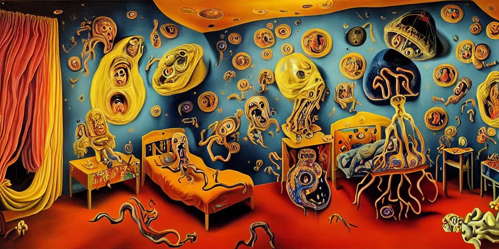 Image similar to a cosmic horror monstrosity inside of a childs bedroom, painting in the style of salvador dali, extremely detailed, disturbing, cinematic, 4 k, 8 k,