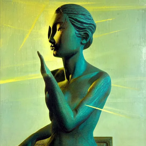 Prompt: art by camille corot, zeng fanzhi, teal chinese abstract shattered statue standing in god rays, beautiful female body and golden glue dripping acrylic portrait, mechanical superstructure, sacred geometry, supermodel body, beautiful light, statue of carving marble, intricate 8 k render, dark mood, cinematic light, golden spirals, clockwork