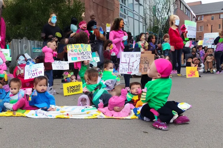 Image similar to babies protesting in front of a daycare center