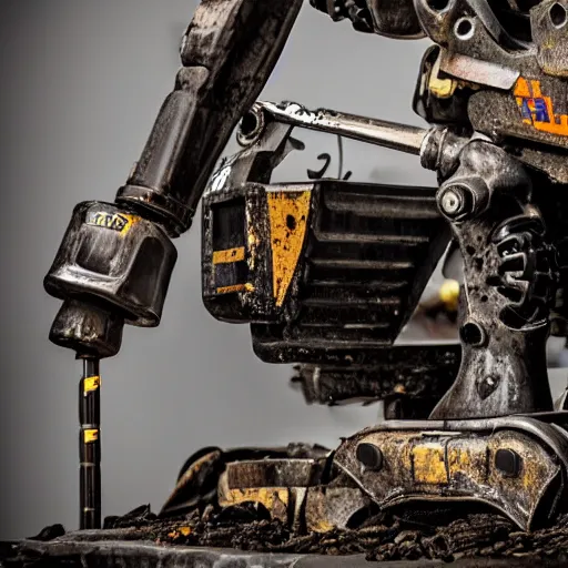 Image similar to giant scary treaded mining robot with drill, mining scrap metal, highly detailed body, retro, industrial, dark, dystopian, apocalyptic, clean, 8 5 mm f / 1. 4