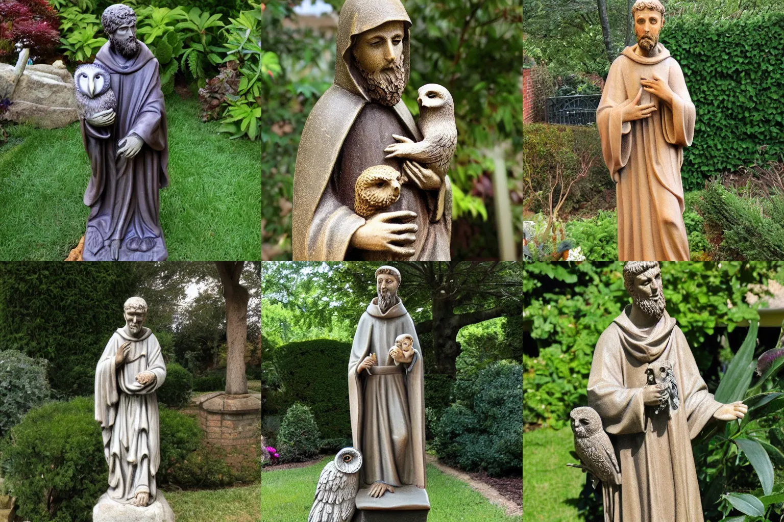 Prompt: garden statue of st francis of assisi who is also an owl holding a baby alpaca