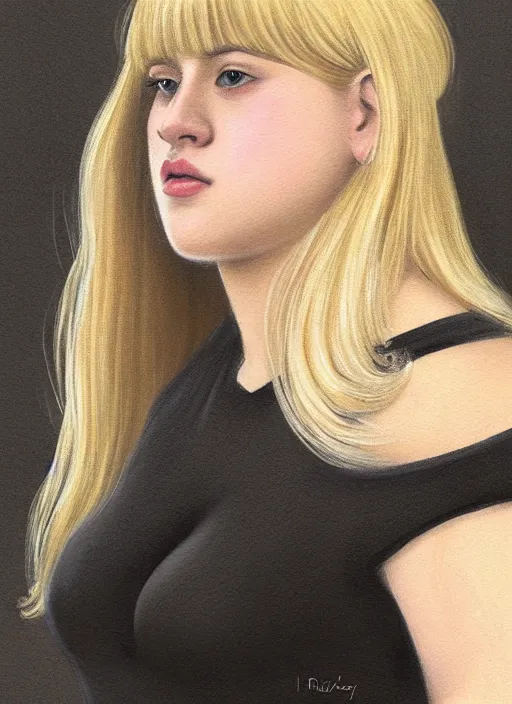 Image similar to full body portrait, teenage lili reinhart, blonde hair, obese, bangs, ponytail, sultry, realistic, sultry, fluffy bangs, shirt, curly bangs, fat, belly, intricate, elegant, highly detailed, digital painting, artstation, concept art, smooth, sharp focus, illustration, art by wlop, mars ravelo and greg rutkowski