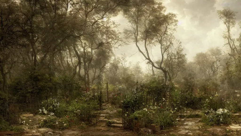 Image similar to the secret garden is barren. the hidden garden is barren. private barren garden. overcast. no flowers. weeds, sticks. andreas achenbach, artgerm, mikko lagerstedt, zack snyder, tokujin yoshioka