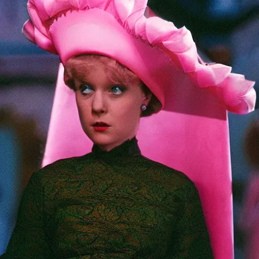 Prompt: an infallible princess wearing a pink dress and cone shaped hat, high resolution film still, live-action film by Tim Burton and Simon Langton
